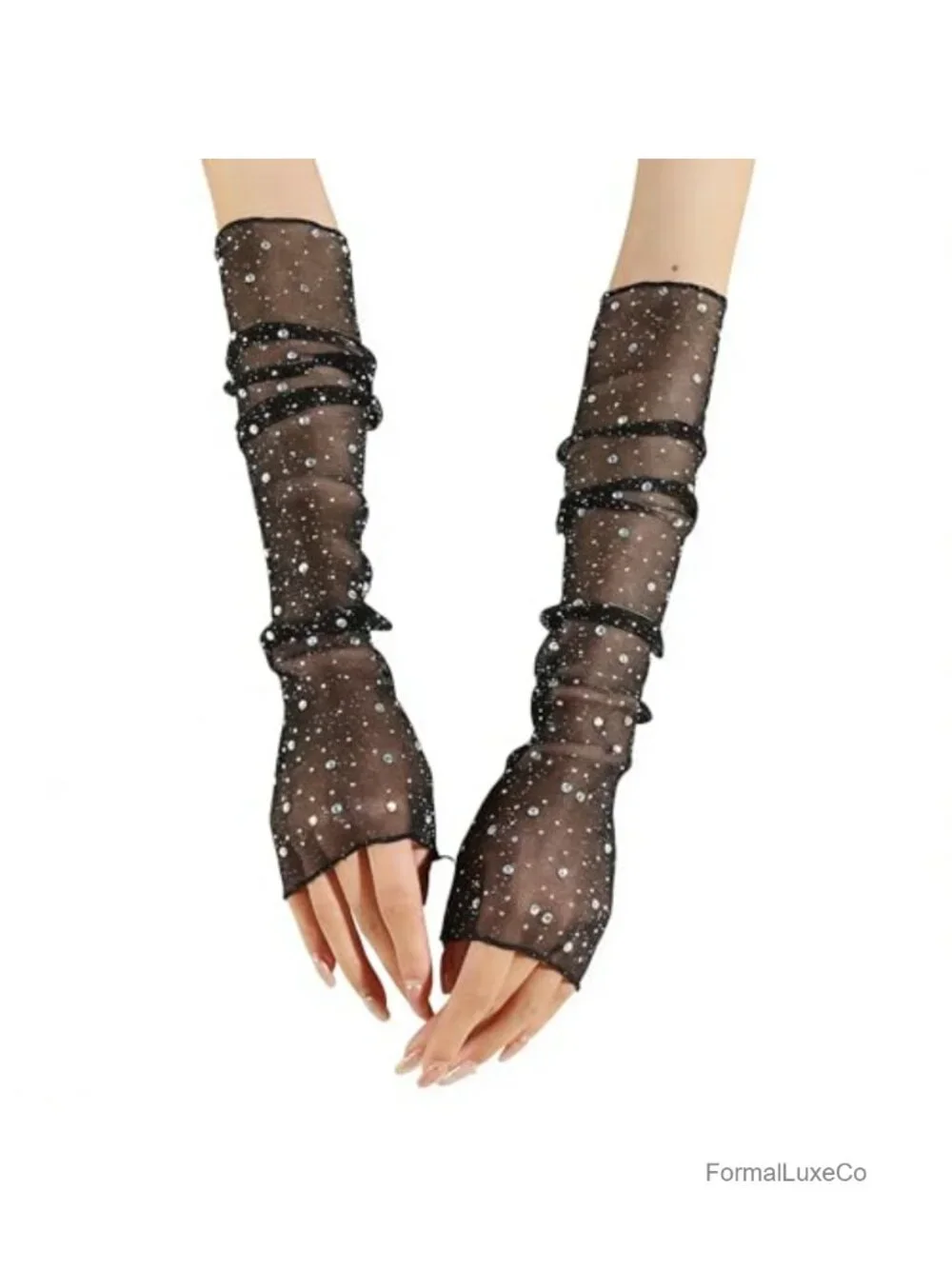 Fingerless Sheer Gloves Rhinestone Long Mesh Arm Sleeves Wedding